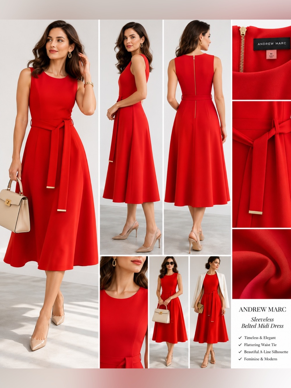 Andrew Marc Vibrant Red Sleeveless Belted Midi Dress